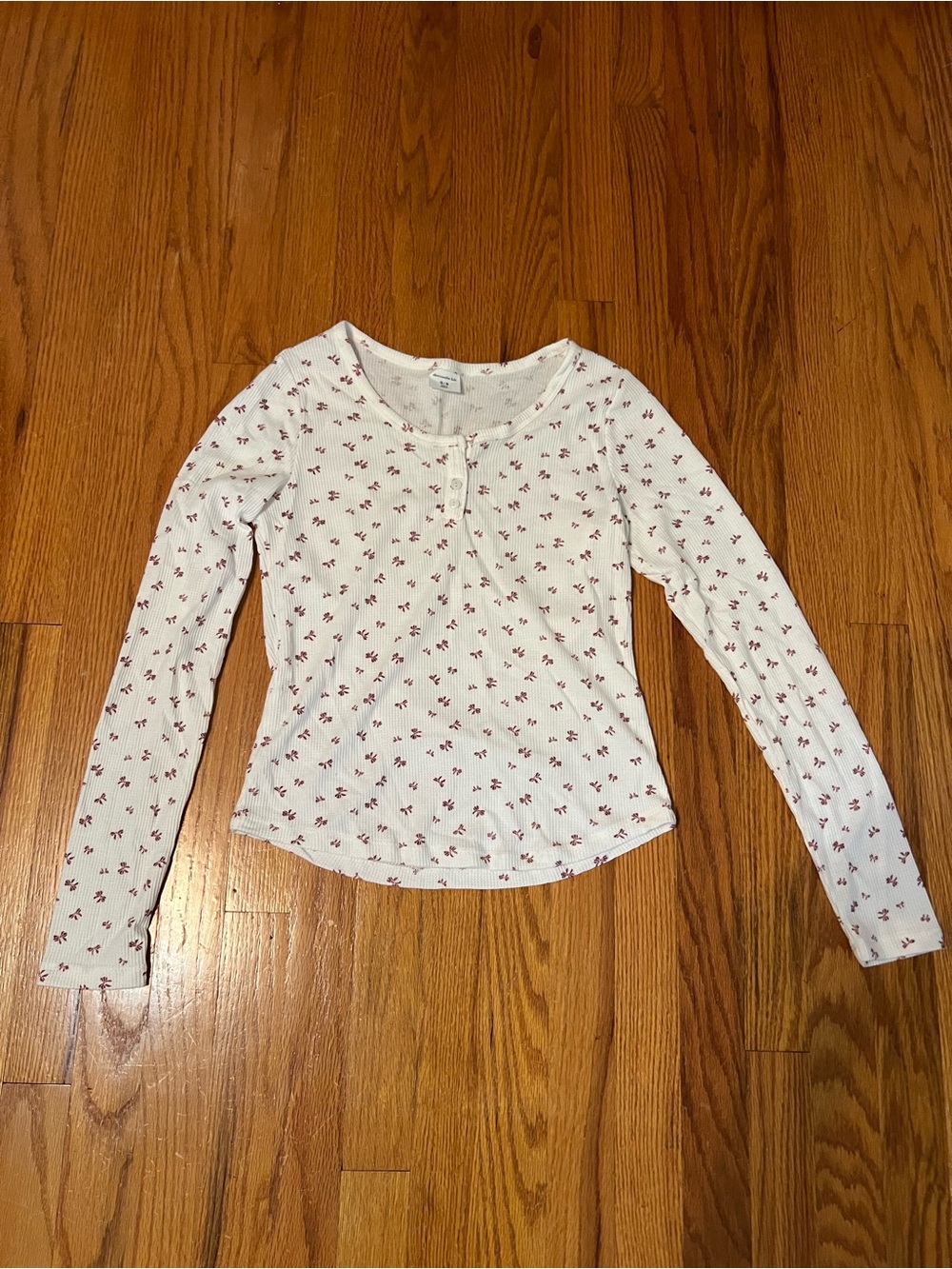 abercrombie kids White Long Sleeve Henley with Red Floral Motif